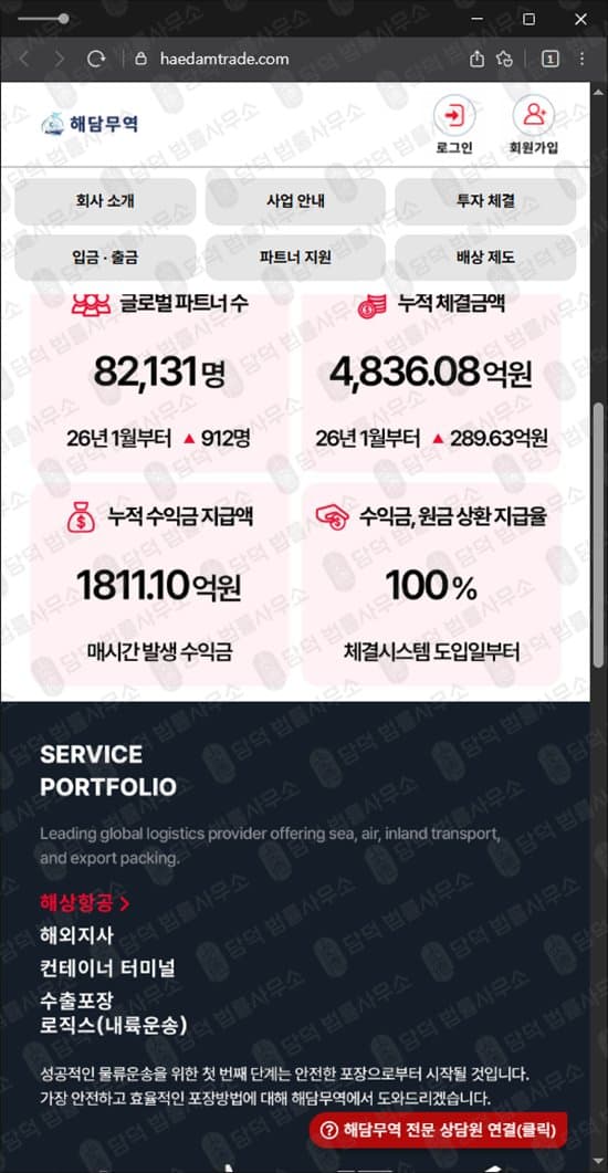 해담무역 투자 사기 물류 운송 투자 먹튀 과도한 배당금 약속 투자금 출금 불가 허위 정부 인증 악용 배상책임보험 악용 피해 사례 담덕법률사무소